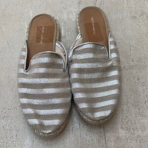 Saks Fifth Avenue Metallic Silver and Tan Striped Slip-On Flats